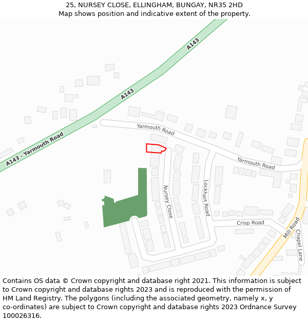 25, NURSEY CLOSE, ELLINGHAM, BUNGAY, NR35 2HD: Location map and indicative extent of plot