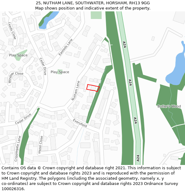 25, NUTHAM LANE, SOUTHWATER, HORSHAM, RH13 9GG: Location map and indicative extent of plot