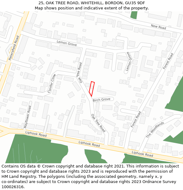 25, OAK TREE ROAD, WHITEHILL, BORDON, GU35 9DF: Location map and indicative extent of plot