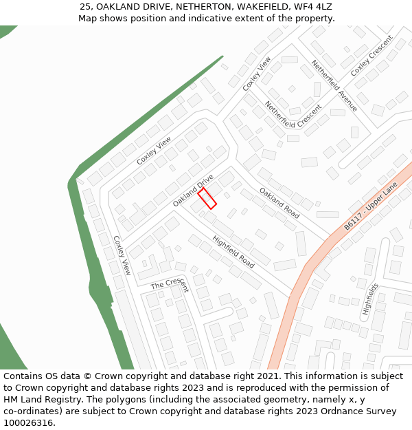 25, OAKLAND DRIVE, NETHERTON, WAKEFIELD, WF4 4LZ: Location map and indicative extent of plot