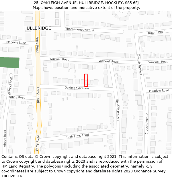 25, OAKLEIGH AVENUE, HULLBRIDGE, HOCKLEY, SS5 6EJ: Location map and indicative extent of plot