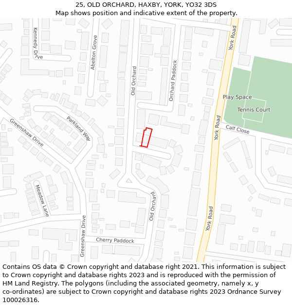 25, OLD ORCHARD, HAXBY, YORK, YO32 3DS: Location map and indicative extent of plot