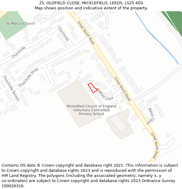 25, OLDFIELD CLOSE, MICKLEFIELD, LEEDS, LS25 4DS: Location map and indicative extent of plot