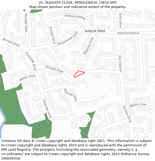 25, OLDGATE CLOSE, MIDDLEWICH, CW10 0PG: Location map and indicative extent of plot