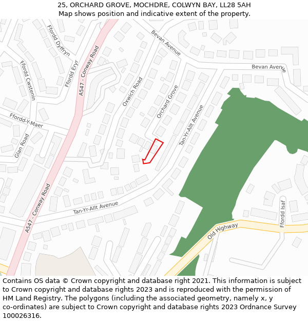 25, ORCHARD GROVE, MOCHDRE, COLWYN BAY, LL28 5AH: Location map and indicative extent of plot