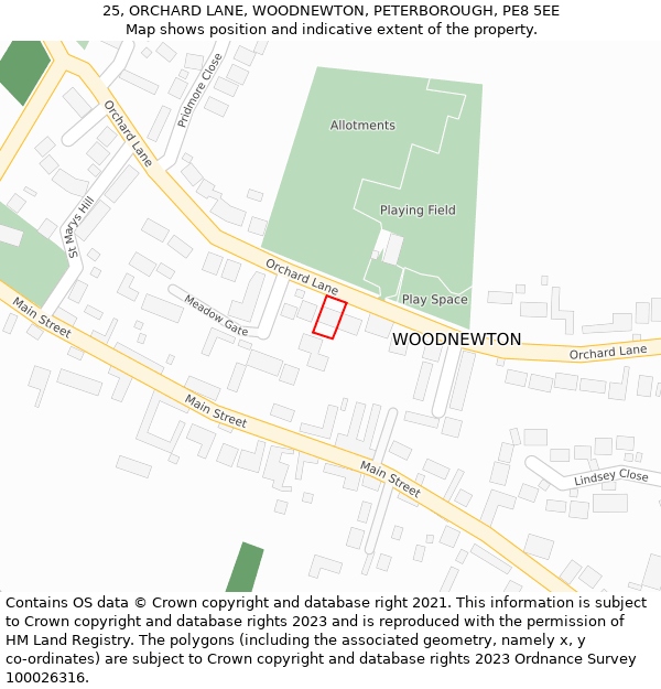 25, ORCHARD LANE, WOODNEWTON, PETERBOROUGH, PE8 5EE: Location map and indicative extent of plot