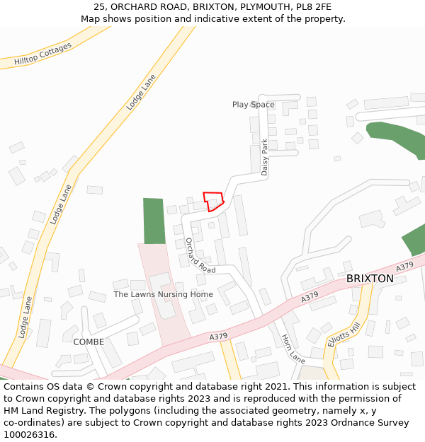 25, ORCHARD ROAD, BRIXTON, PLYMOUTH, PL8 2FE: Location map and indicative extent of plot