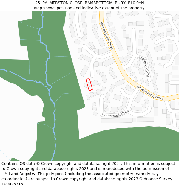 25, PALMERSTON CLOSE, RAMSBOTTOM, BURY, BL0 9YN: Location map and indicative extent of plot