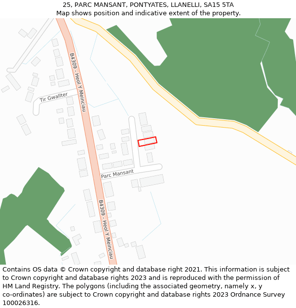 25, PARC MANSANT, PONTYATES, LLANELLI, SA15 5TA: Location map and indicative extent of plot