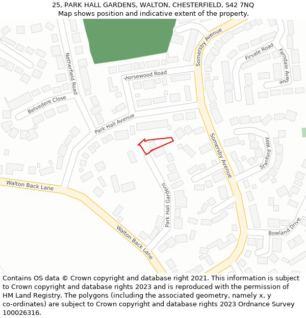 25, PARK HALL GARDENS, WALTON, CHESTERFIELD, S42 7NQ: Location map and indicative extent of plot