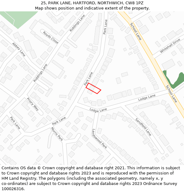 25, PARK LANE, HARTFORD, NORTHWICH, CW8 1PZ: Location map and indicative extent of plot