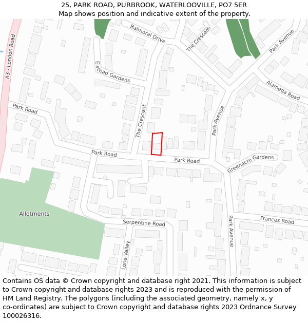 25, PARK ROAD, PURBROOK, WATERLOOVILLE, PO7 5ER: Location map and indicative extent of plot