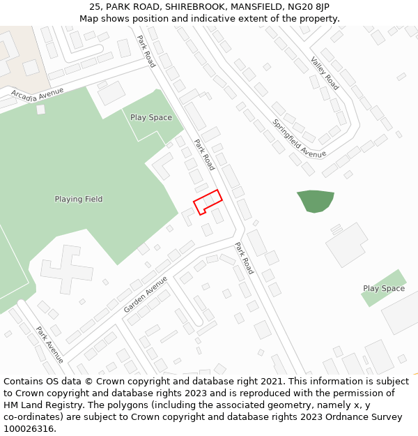 25, PARK ROAD, SHIREBROOK, MANSFIELD, NG20 8JP: Location map and indicative extent of plot