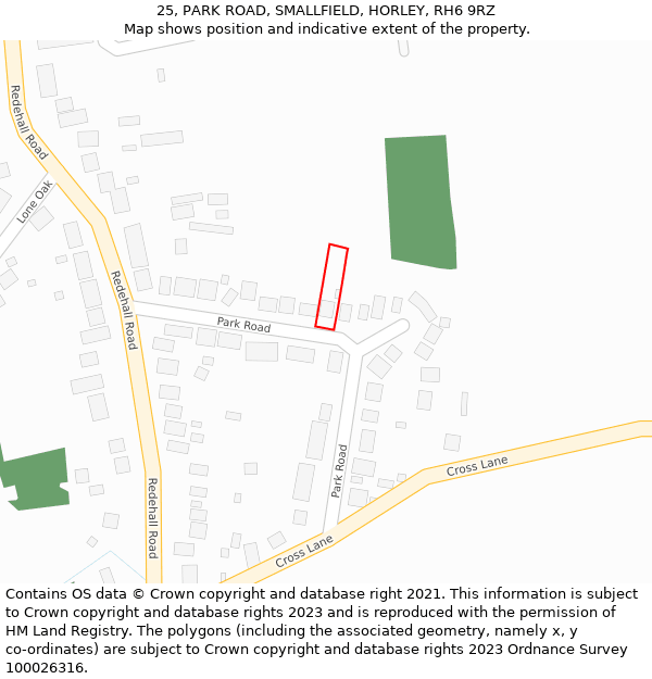 25, PARK ROAD, SMALLFIELD, HORLEY, RH6 9RZ: Location map and indicative extent of plot