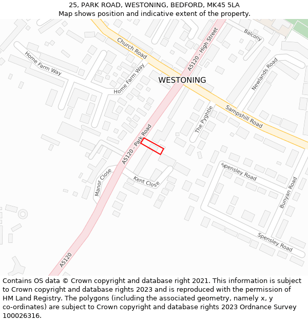 25, PARK ROAD, WESTONING, BEDFORD, MK45 5LA: Location map and indicative extent of plot