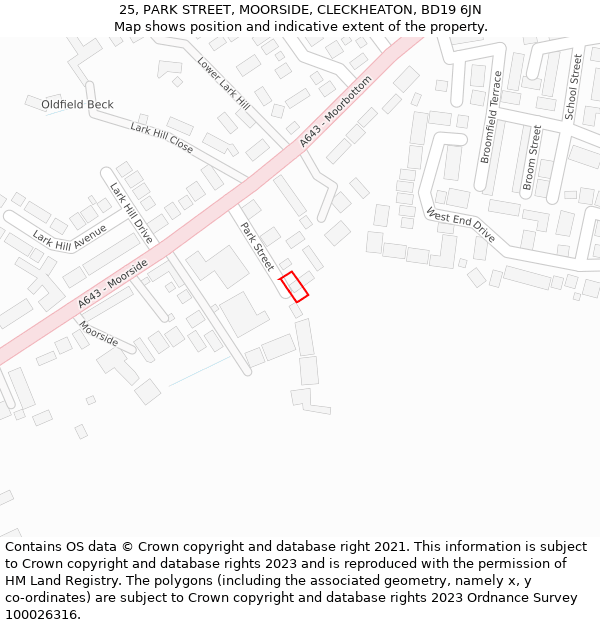 25, PARK STREET, MOORSIDE, CLECKHEATON, BD19 6JN: Location map and indicative extent of plot