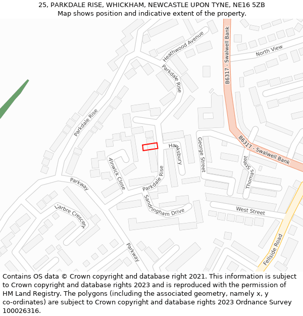 25, PARKDALE RISE, WHICKHAM, NEWCASTLE UPON TYNE, NE16 5ZB: Location map and indicative extent of plot