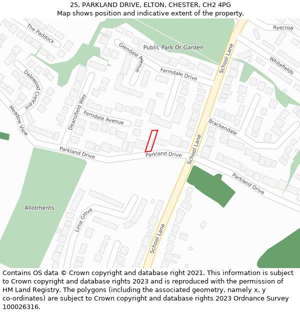 25, PARKLAND DRIVE, ELTON, CHESTER, CH2 4PG: Location map and indicative extent of plot