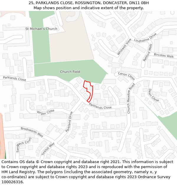 25, PARKLANDS CLOSE, ROSSINGTON, DONCASTER, DN11 0BH: Location map and indicative extent of plot