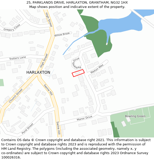 25, PARKLANDS DRIVE, HARLAXTON, GRANTHAM, NG32 1HX: Location map and indicative extent of plot