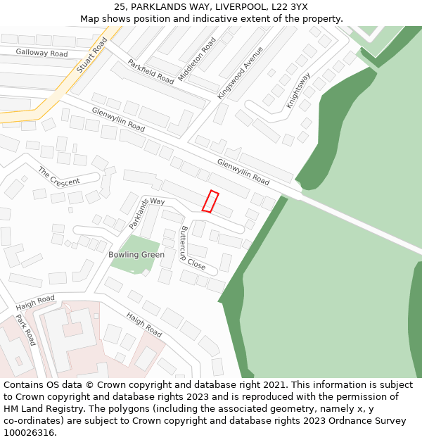 25, PARKLANDS WAY, LIVERPOOL, L22 3YX: Location map and indicative extent of plot