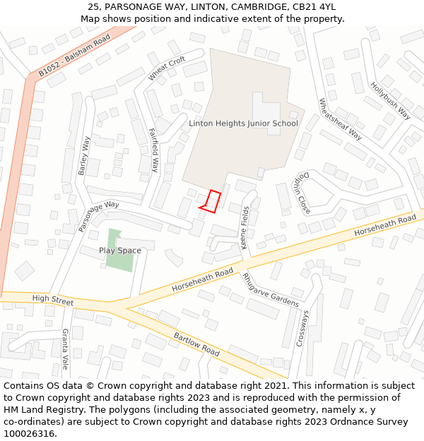 25, PARSONAGE WAY, LINTON, CAMBRIDGE, CB21 4YL: Location map and indicative extent of plot