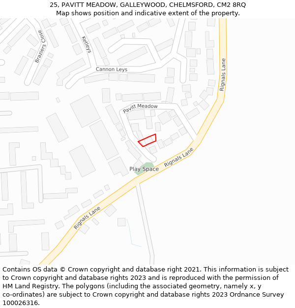 25, PAVITT MEADOW, GALLEYWOOD, CHELMSFORD, CM2 8RQ: Location map and indicative extent of plot