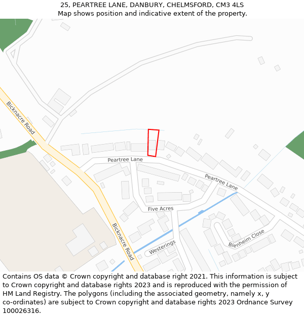 25, PEARTREE LANE, DANBURY, CHELMSFORD, CM3 4LS: Location map and indicative extent of plot