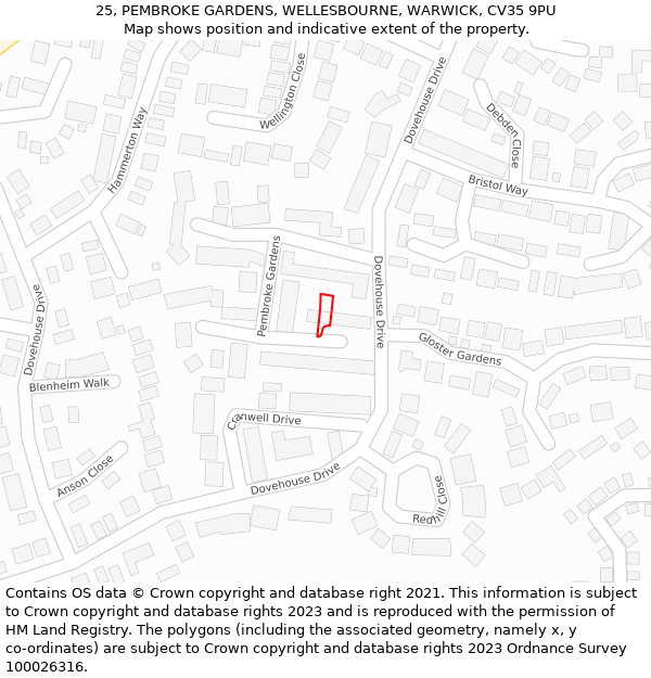 25, PEMBROKE GARDENS, WELLESBOURNE, WARWICK, CV35 9PU: Location map and indicative extent of plot