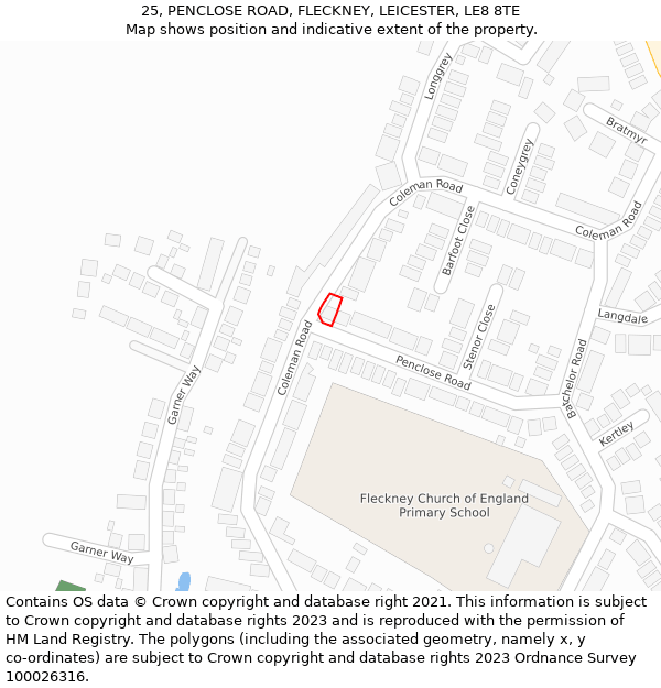 25, PENCLOSE ROAD, FLECKNEY, LEICESTER, LE8 8TE: Location map and indicative extent of plot