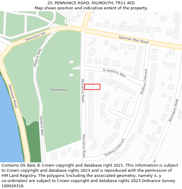 25, PENNANCE ROAD, FALMOUTH, TR11 4ED: Location map and indicative extent of plot
