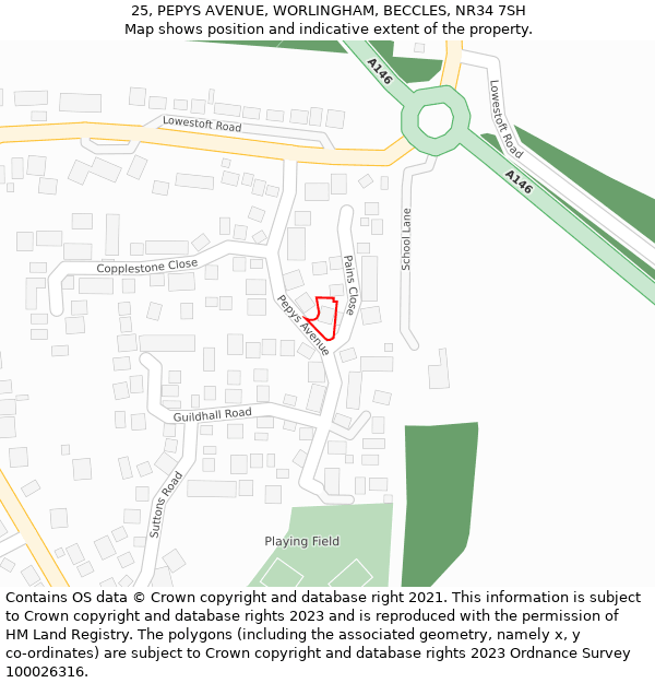 25, PEPYS AVENUE, WORLINGHAM, BECCLES, NR34 7SH: Location map and indicative extent of plot
