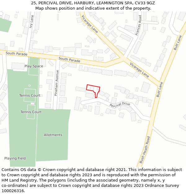 25, PERCIVAL DRIVE, HARBURY, LEAMINGTON SPA, CV33 9GZ: Location map and indicative extent of plot