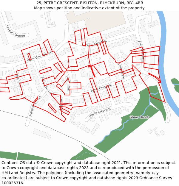 25, PETRE CRESCENT, RISHTON, BLACKBURN, BB1 4RB: Location map and indicative extent of plot