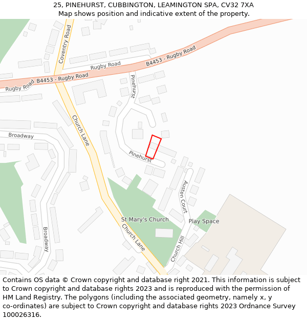 25, PINEHURST, CUBBINGTON, LEAMINGTON SPA, CV32 7XA: Location map and indicative extent of plot