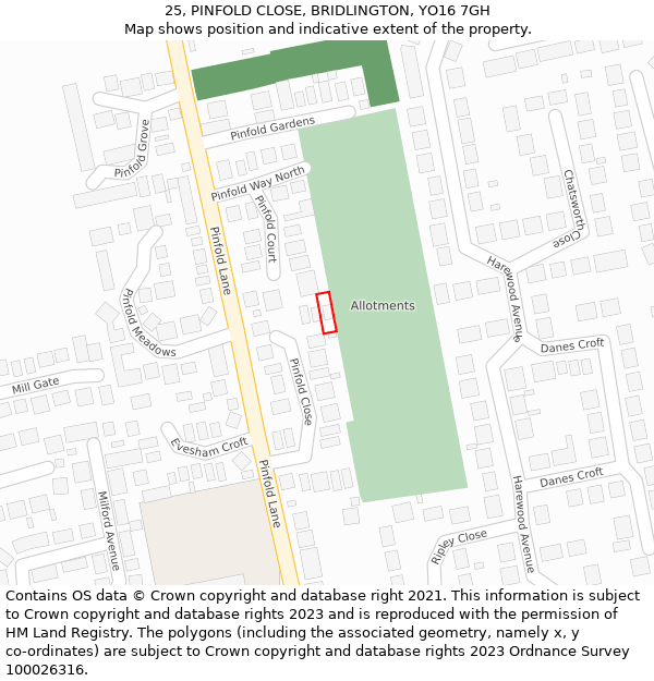 25, PINFOLD CLOSE, BRIDLINGTON, YO16 7GH: Location map and indicative extent of plot