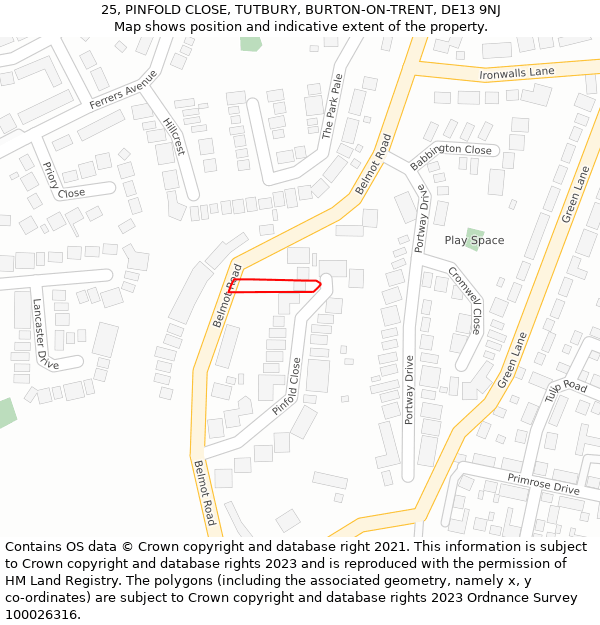 25, PINFOLD CLOSE, TUTBURY, BURTON-ON-TRENT, DE13 9NJ: Location map and indicative extent of plot