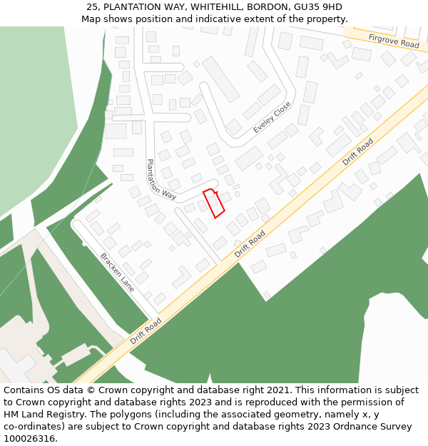 25, PLANTATION WAY, WHITEHILL, BORDON, GU35 9HD: Location map and indicative extent of plot