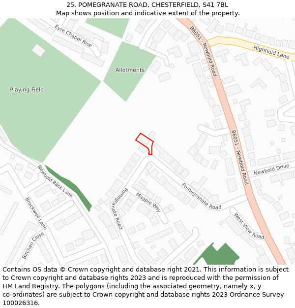 25, POMEGRANATE ROAD, CHESTERFIELD, S41 7BL: Location map and indicative extent of plot