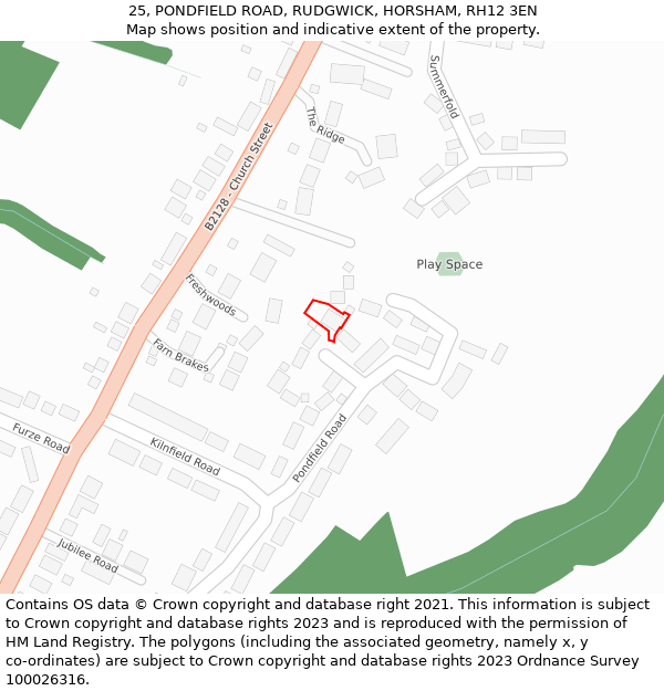25, PONDFIELD ROAD, RUDGWICK, HORSHAM, RH12 3EN: Location map and indicative extent of plot