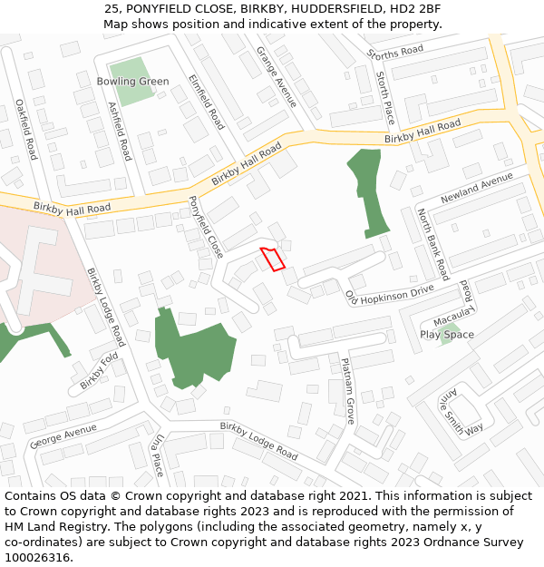 25, PONYFIELD CLOSE, BIRKBY, HUDDERSFIELD, HD2 2BF: Location map and indicative extent of plot