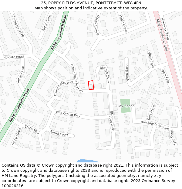 25, POPPY FIELDS AVENUE, PONTEFRACT, WF8 4FN: Location map and indicative extent of plot