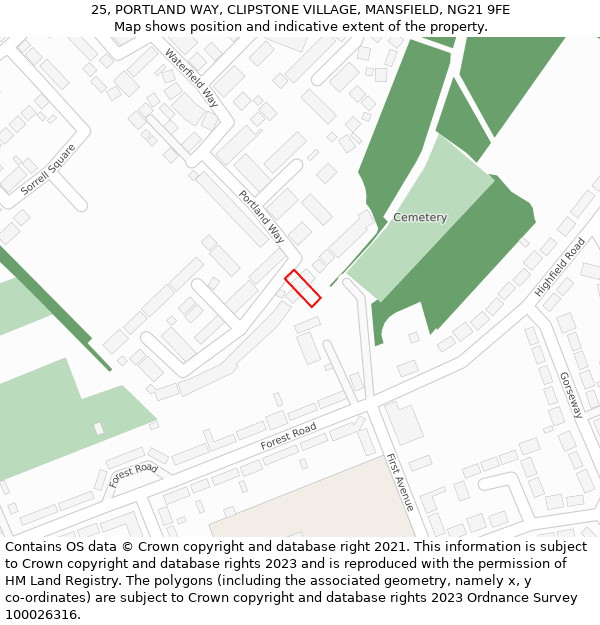 25, PORTLAND WAY, CLIPSTONE VILLAGE, MANSFIELD, NG21 9FE: Location map and indicative extent of plot