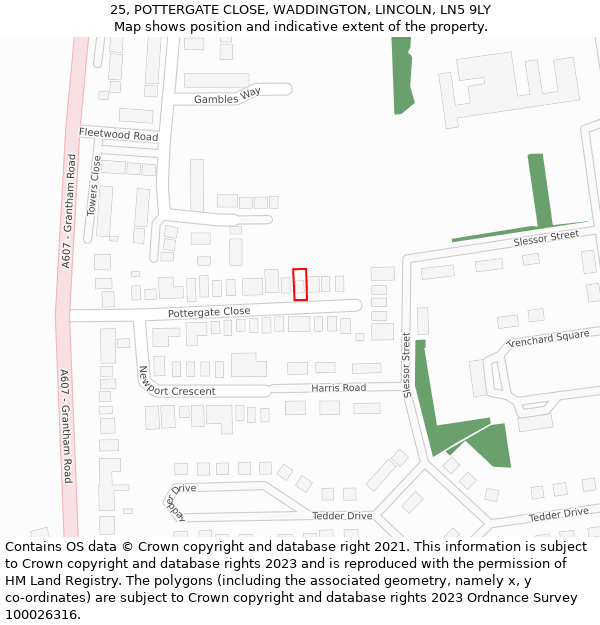 25, POTTERGATE CLOSE, WADDINGTON, LINCOLN, LN5 9LY: Location map and indicative extent of plot