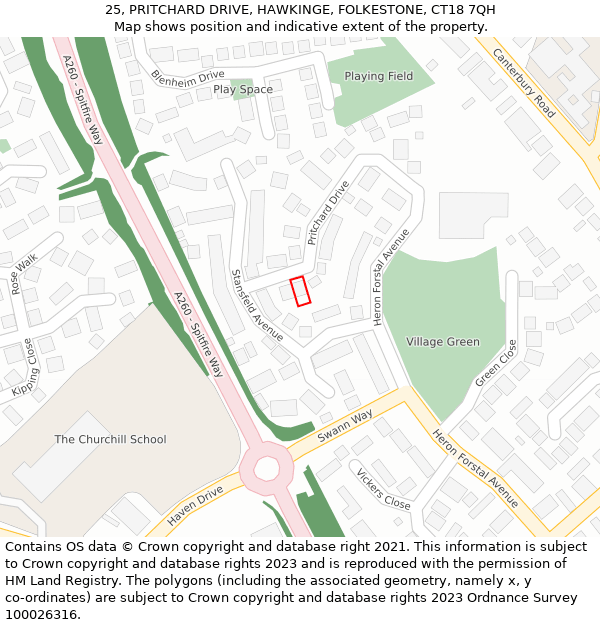 25, PRITCHARD DRIVE, HAWKINGE, FOLKESTONE, CT18 7QH: Location map and indicative extent of plot