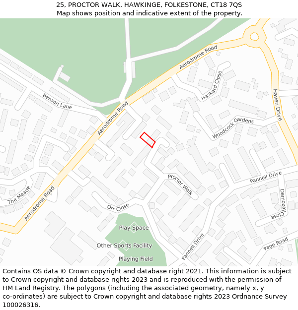 25, PROCTOR WALK, HAWKINGE, FOLKESTONE, CT18 7QS: Location map and indicative extent of plot