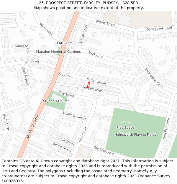 25, PROSPECT STREET, FARSLEY, PUDSEY, LS28 5ER: Location map and indicative extent of plot