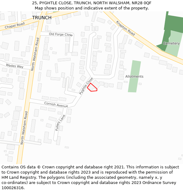 25, PYGHTLE CLOSE, TRUNCH, NORTH WALSHAM, NR28 0QF: Location map and indicative extent of plot