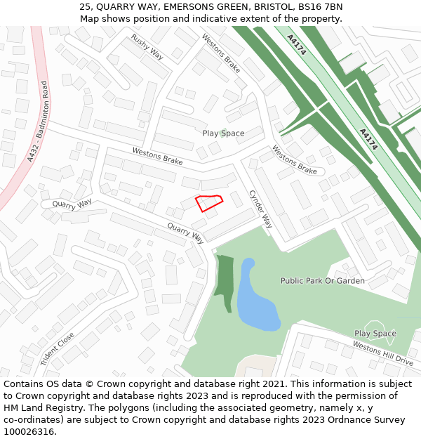 25, QUARRY WAY, EMERSONS GREEN, BRISTOL, BS16 7BN: Location map and indicative extent of plot