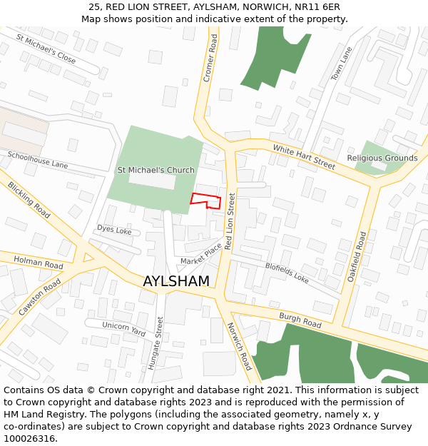 25, RED LION STREET, AYLSHAM, NORWICH, NR11 6ER: Location map and indicative extent of plot